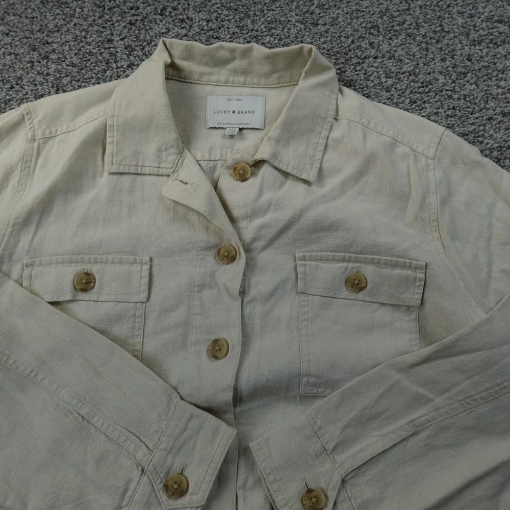 Lucky Brand Jacket Womens L Beige Linen Blend Button Utility Shacket Short Coat